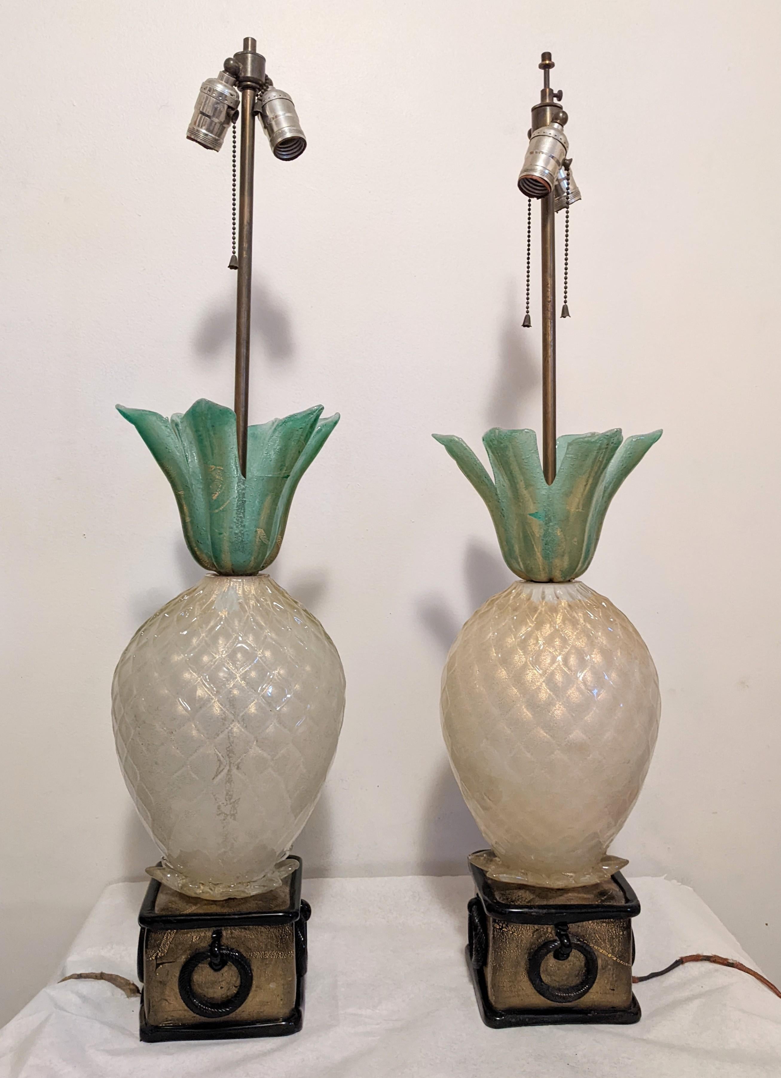 Mid-20th Century Pair of Art Deco Barovier Pineapple Lamps For Sale