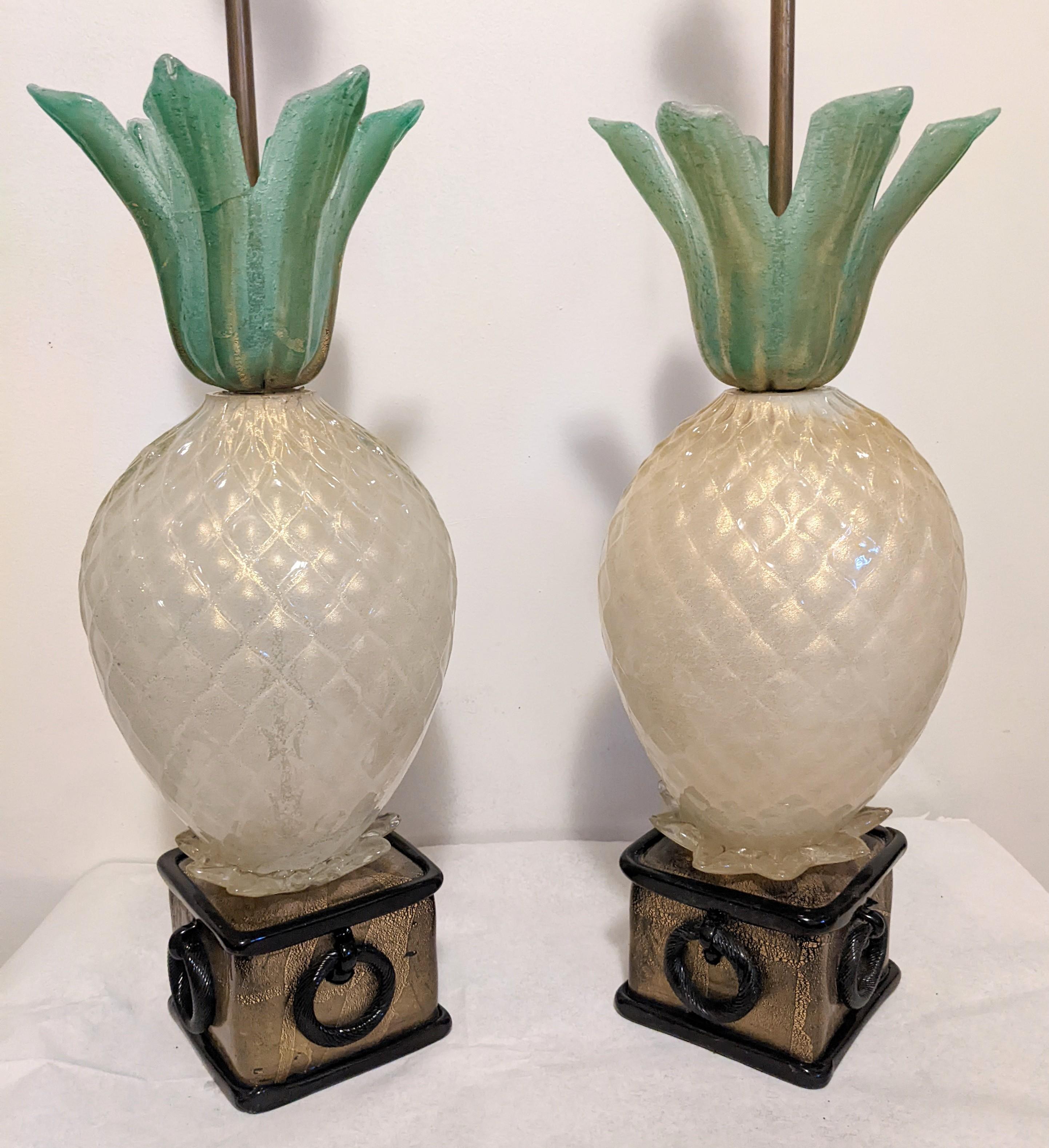 Blown Glass Pair of Art Deco Barovier Pineapple Lamps For Sale