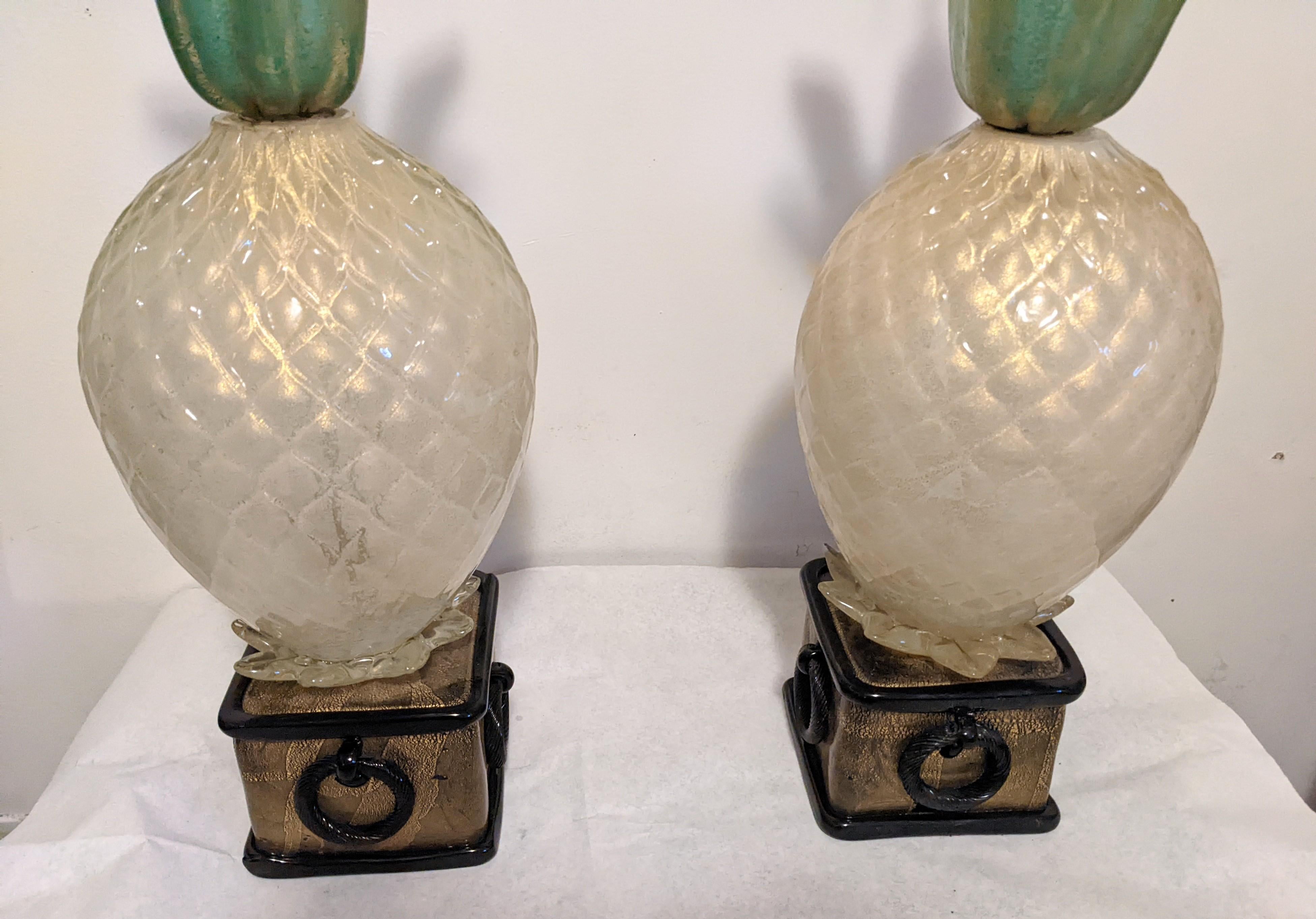 Pair of Art Deco Barovier Pineapple Lamps For Sale 1
