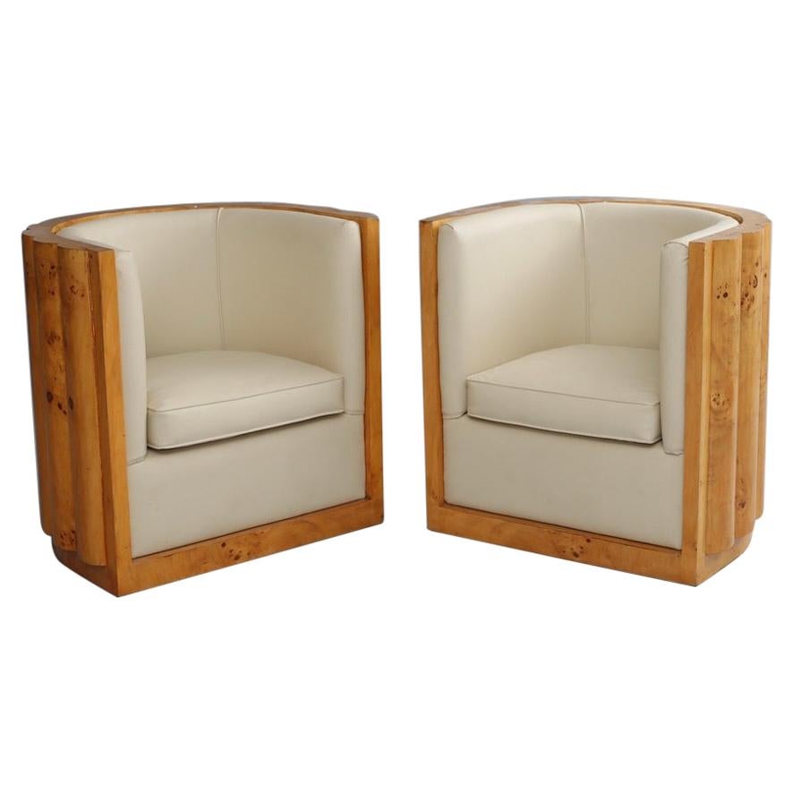 Pair of  Art Deco Barrel Back Chairs In Burl Wood