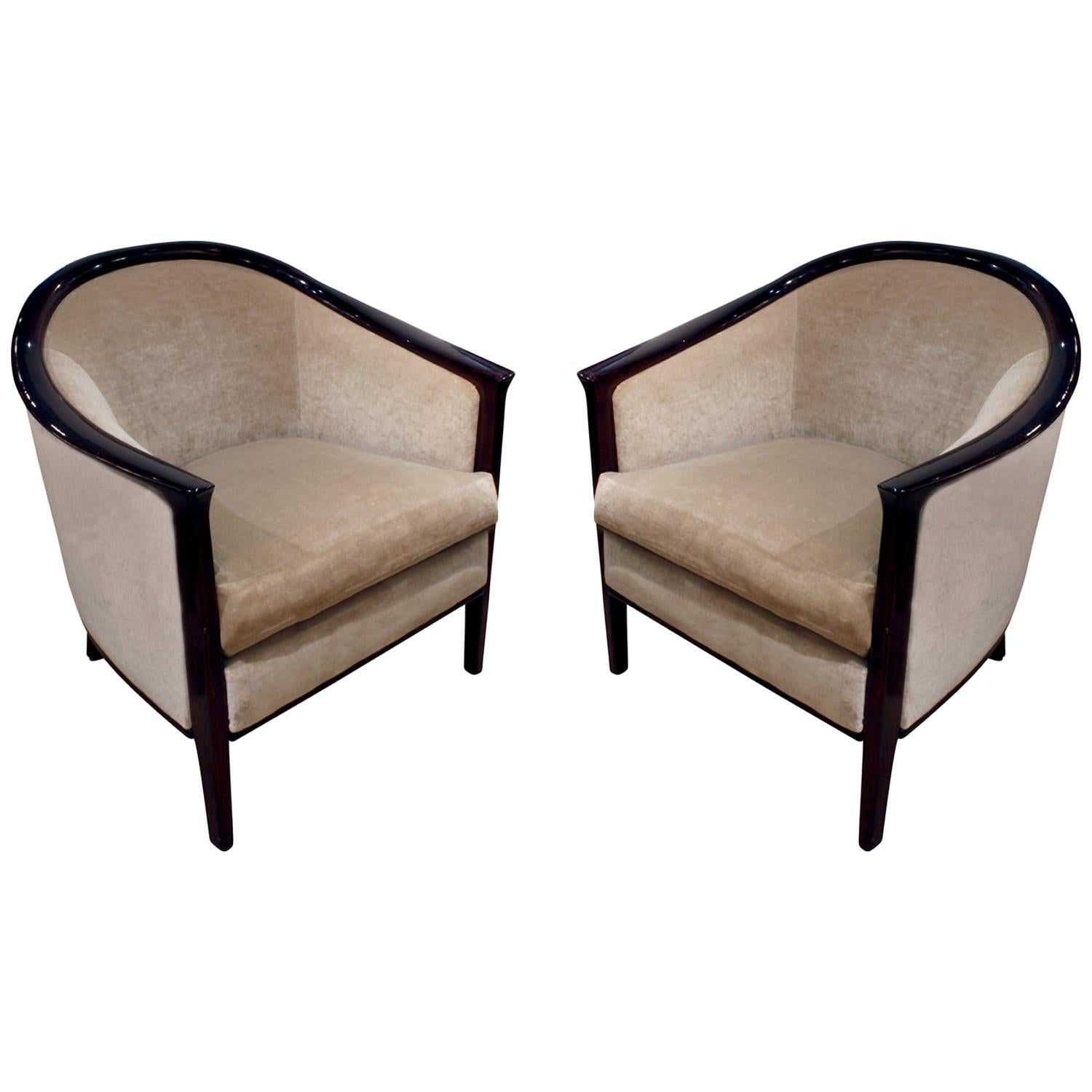 Pair of Art Deco Barrel Back Lounge Chairs with Mahogany Frames, 1930s