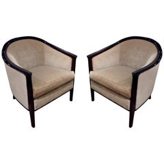 Vintage Pair of Art Deco Barrel Back Lounge Chairs with Mahogany Frames, 1930s