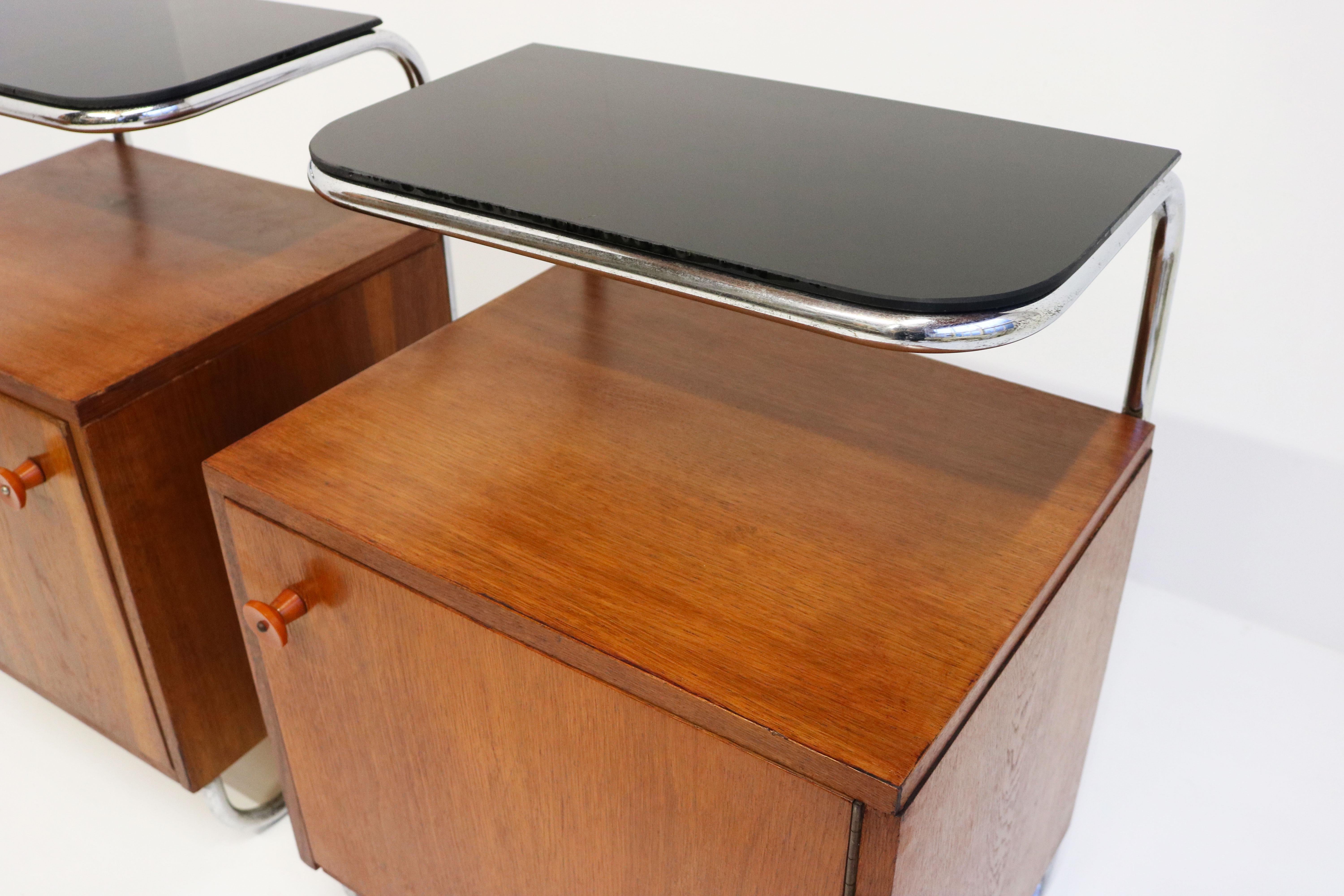 Pair of Art Deco Bauhaus Bedside Tables / Nightstands 1930 Chrome Black Glass 6