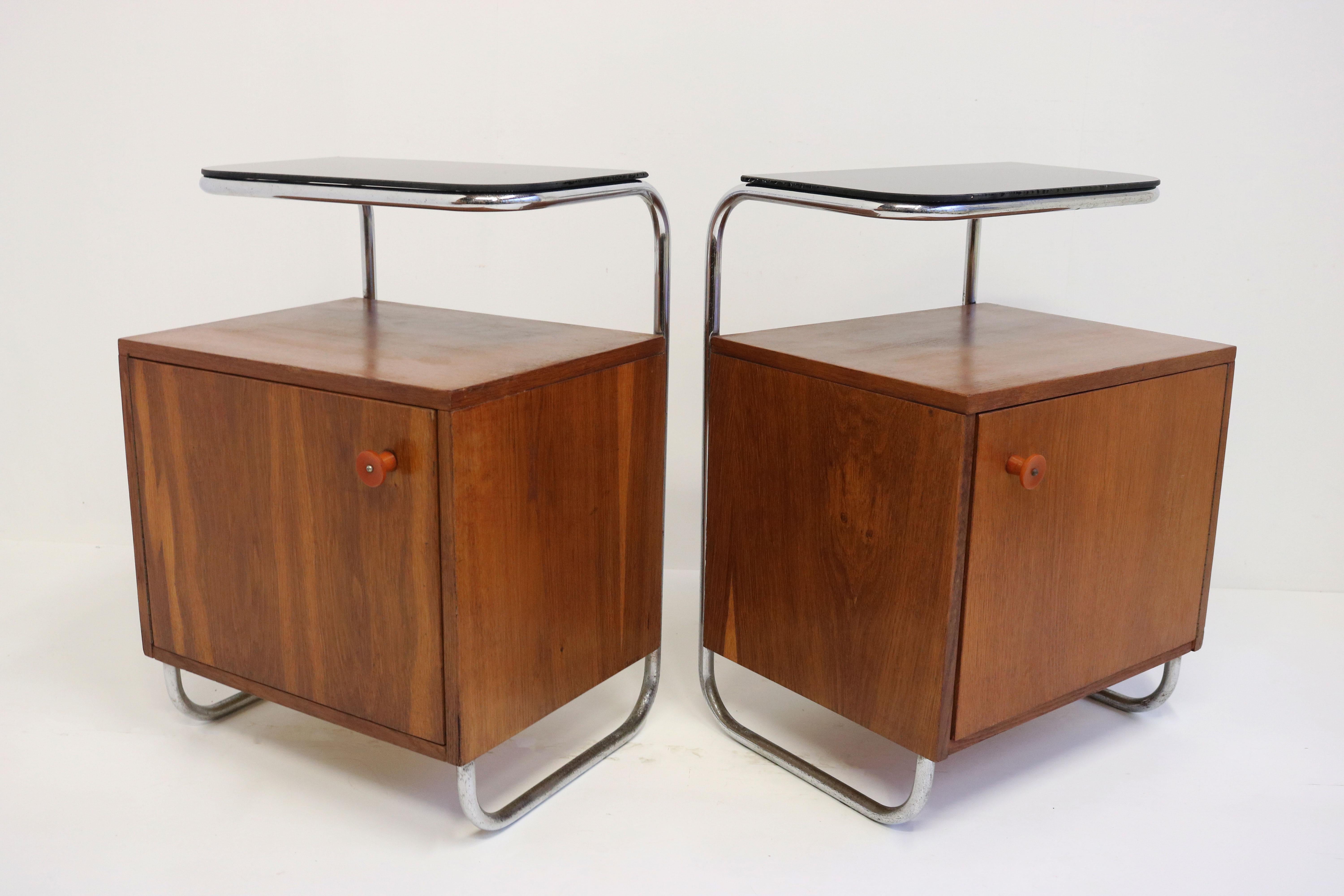 Pair of Art Deco Bauhaus Bedside Tables / Nightstands 1930 Chrome Black Glass  1