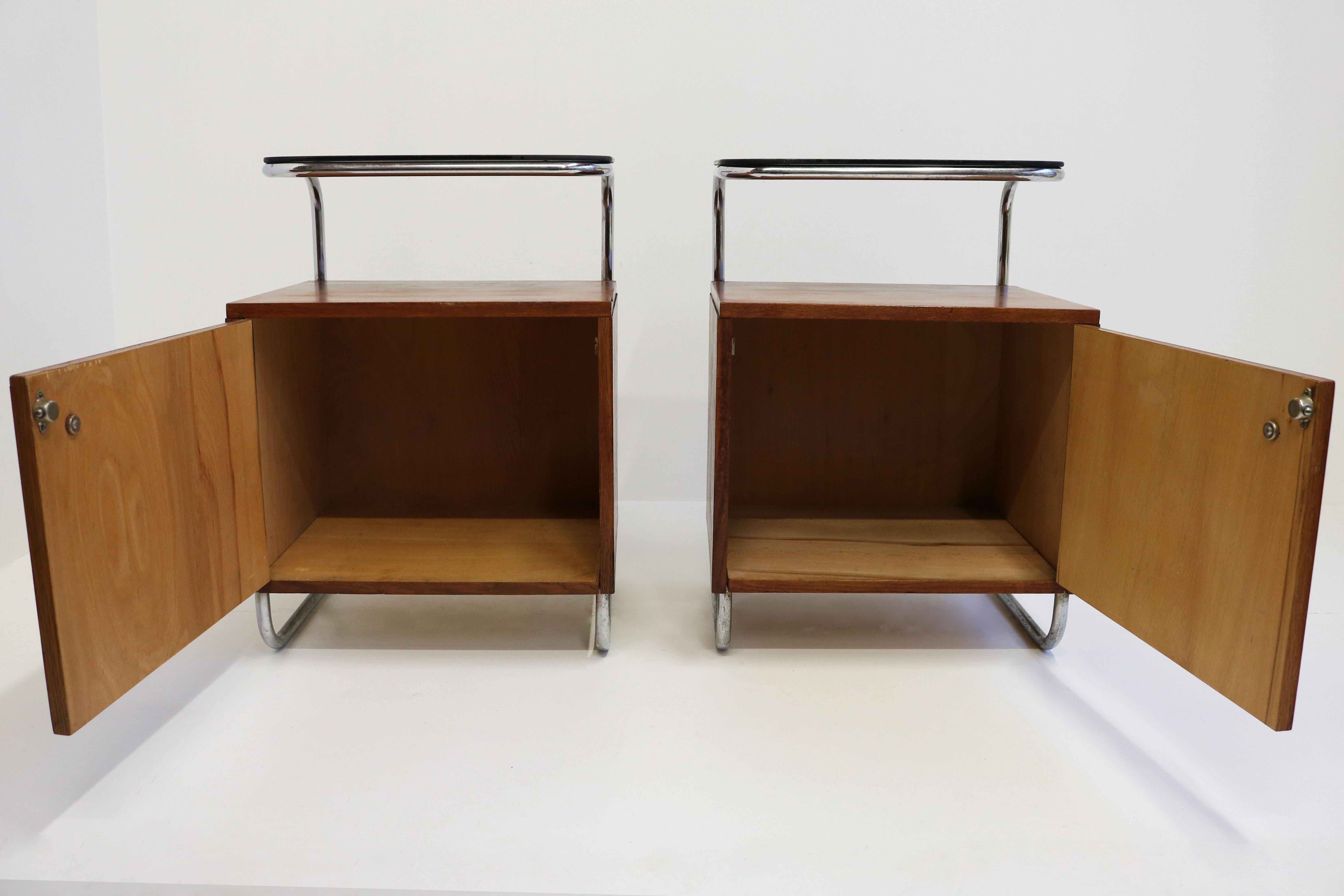 Pair of Art Deco Bauhaus Bedside Tables / Nightstands 1930 Chrome Black Glass  2