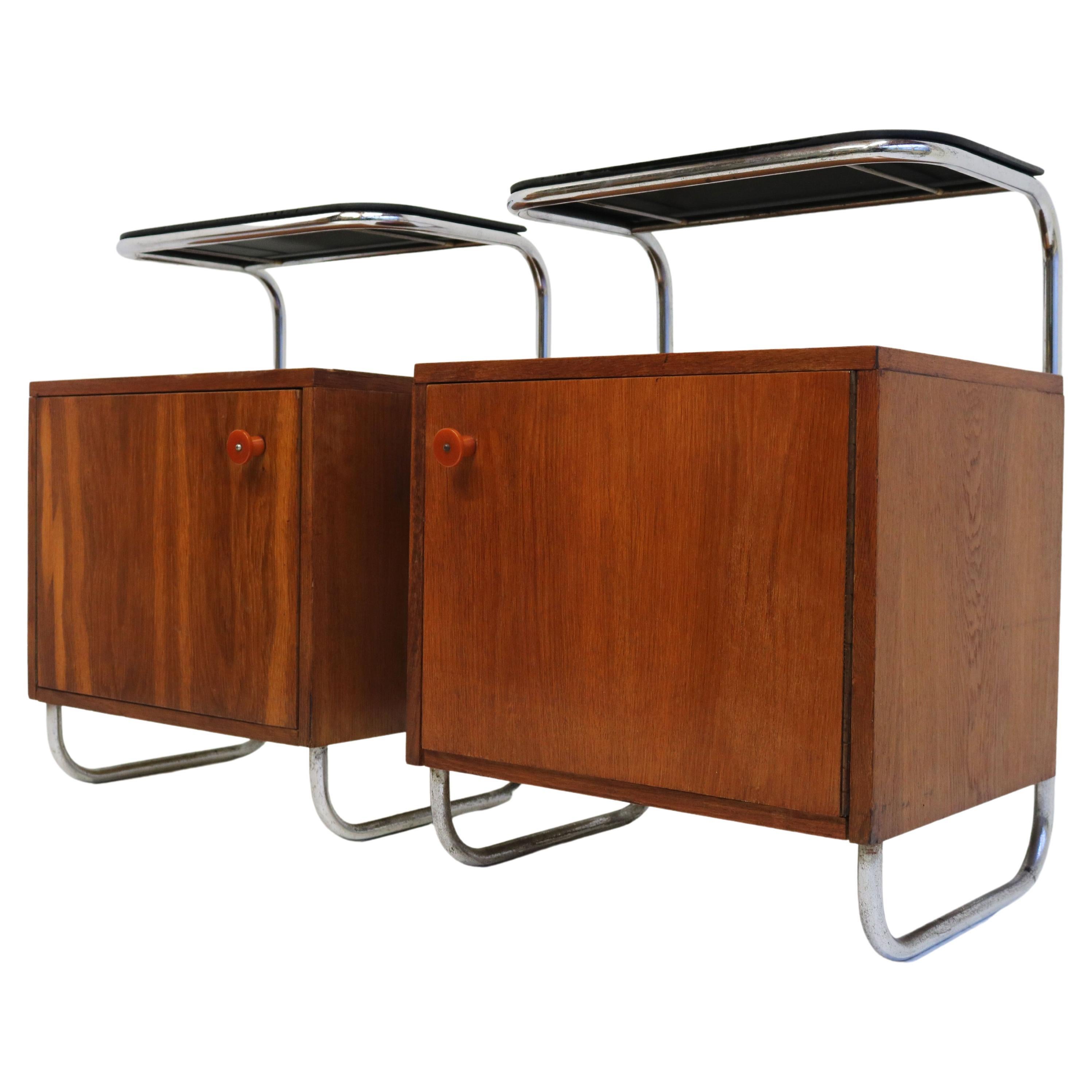 Pair of Art Deco Bauhaus Bedside Tables / Nightstands 1930 Chrome Black Glass 