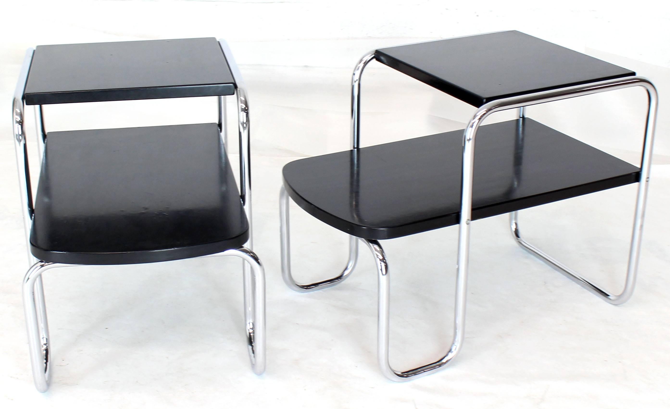 Lacquered Pair of Art Deco Bauhaus Chrome and Black Lacquer Step End Tables