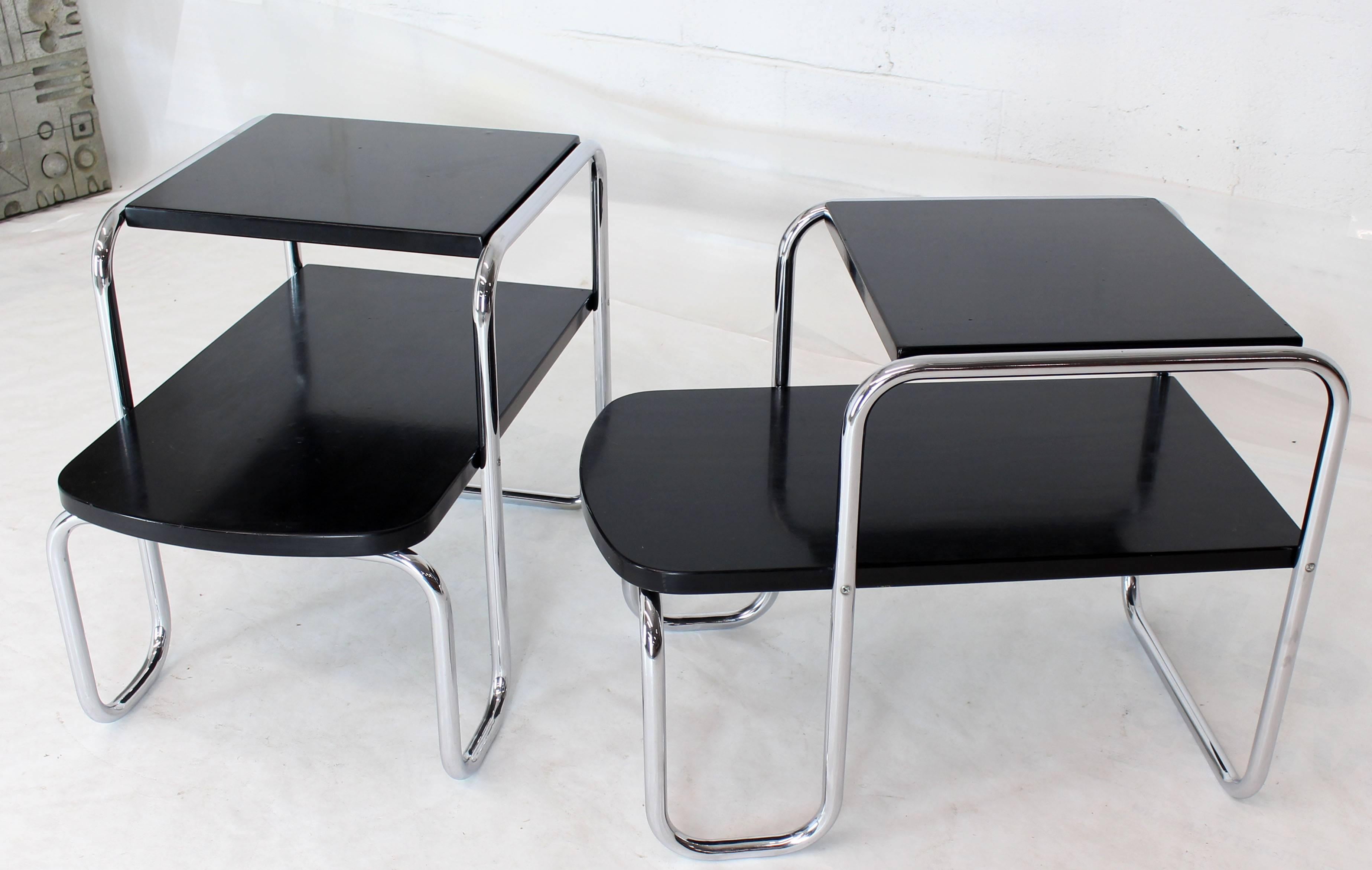 Pair of Art Deco Bauhaus Chrome and Black Lacquer Step End Tables In Good Condition In Rockaway, NJ