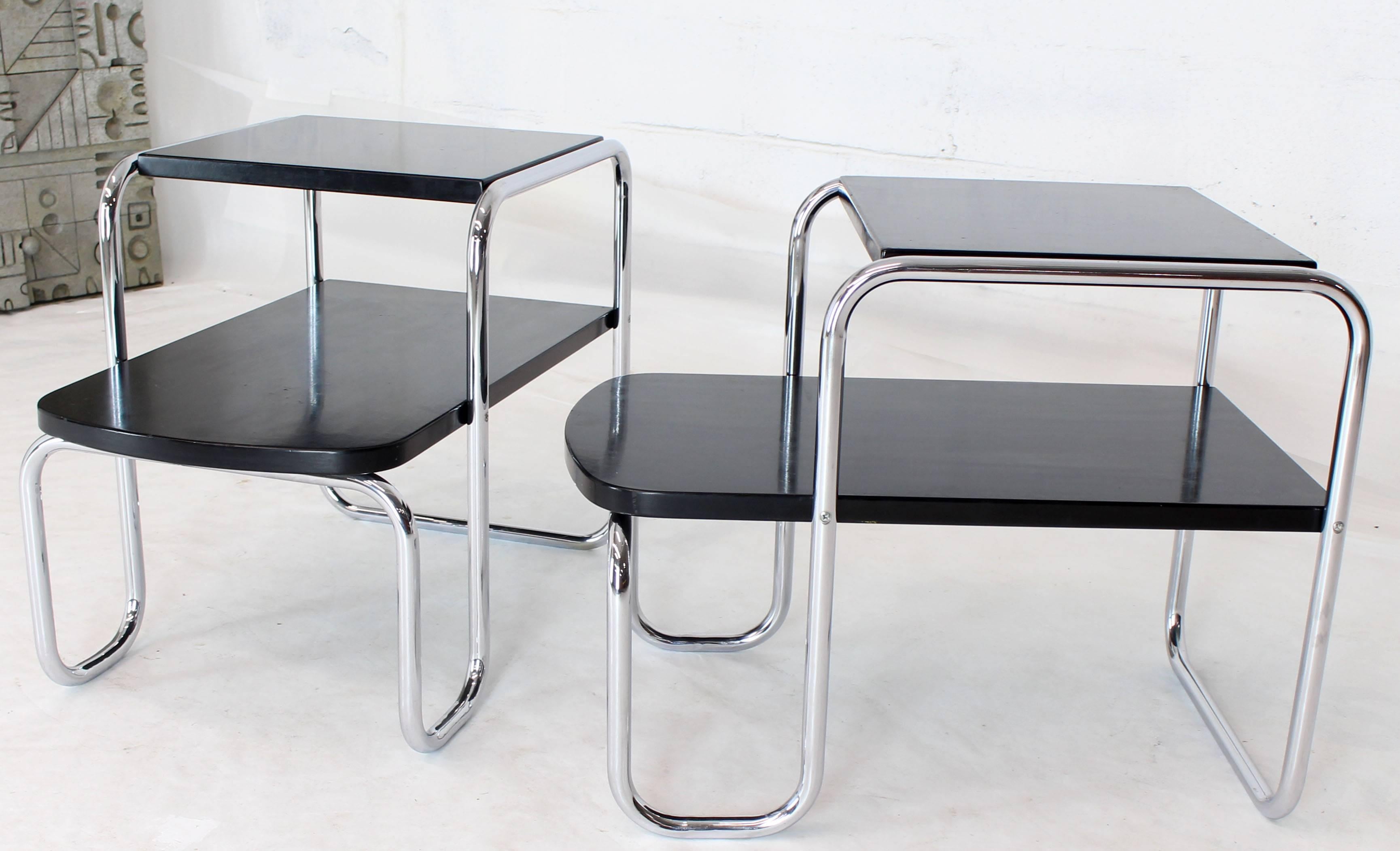 20th Century Pair of Art Deco Bauhaus Chrome and Black Lacquer Step End Tables