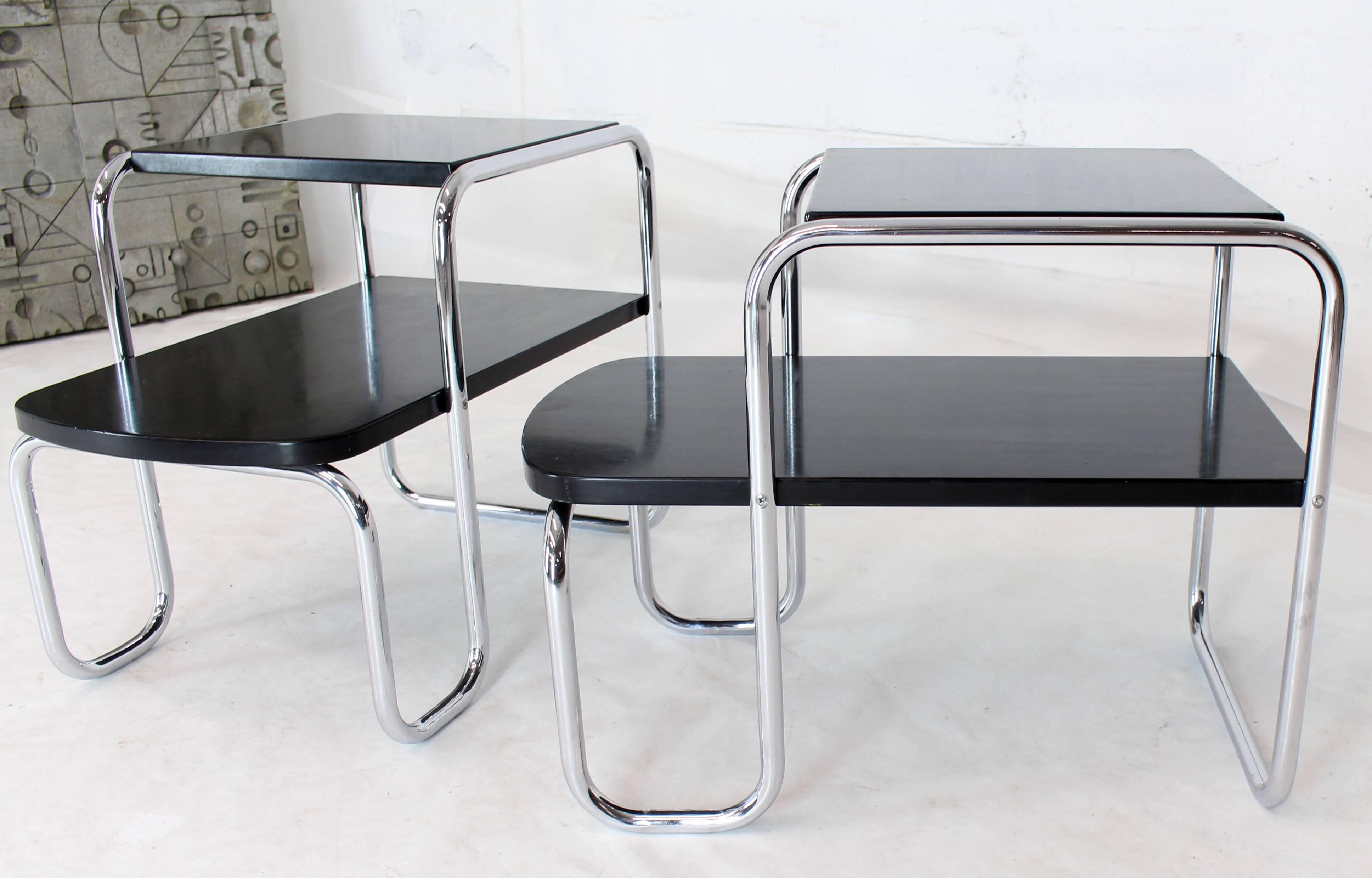 Pair of Art Deco Bauhaus Chrome and Black Lacquer Step End Tables 1