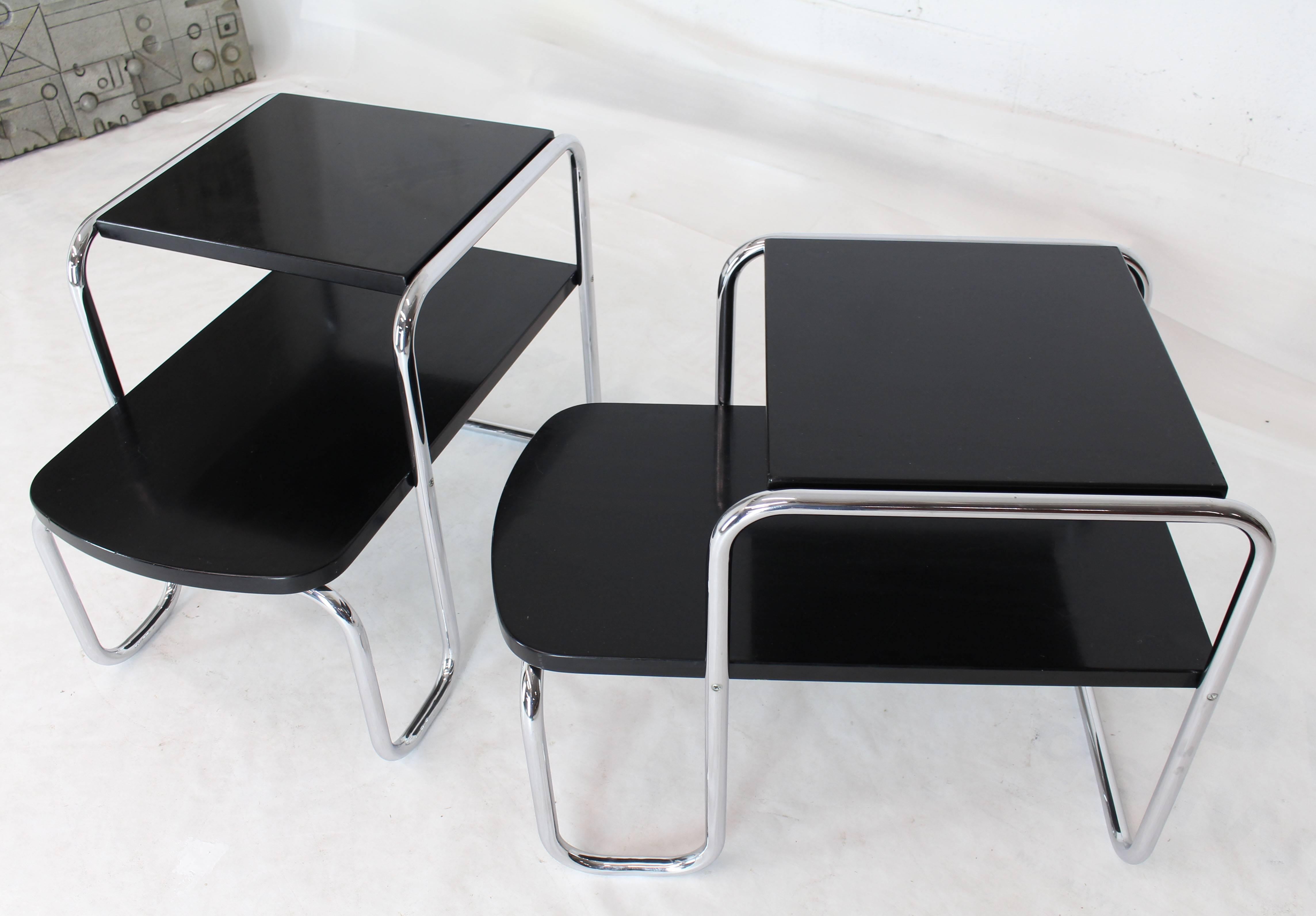 Pair of Art Deco Bauhaus Chrome and Black Lacquer Step End Tables 2