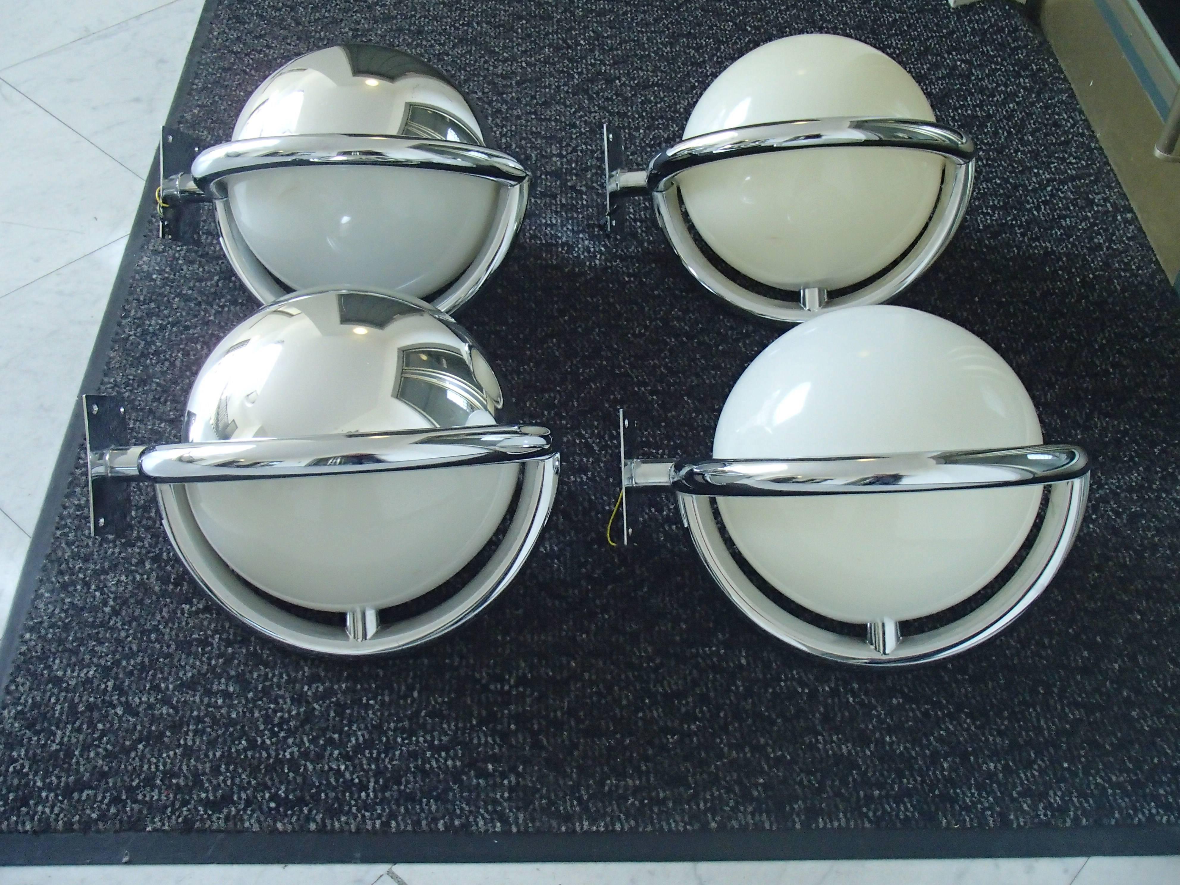 Pair of Art Deco Bauhaus chrome and plexiglass huge round wall lights scones
there are more available.