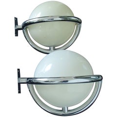 Pair of Art Deco Bauhaus Chrome and Plexiglass Huge Round Wall Lights Scones