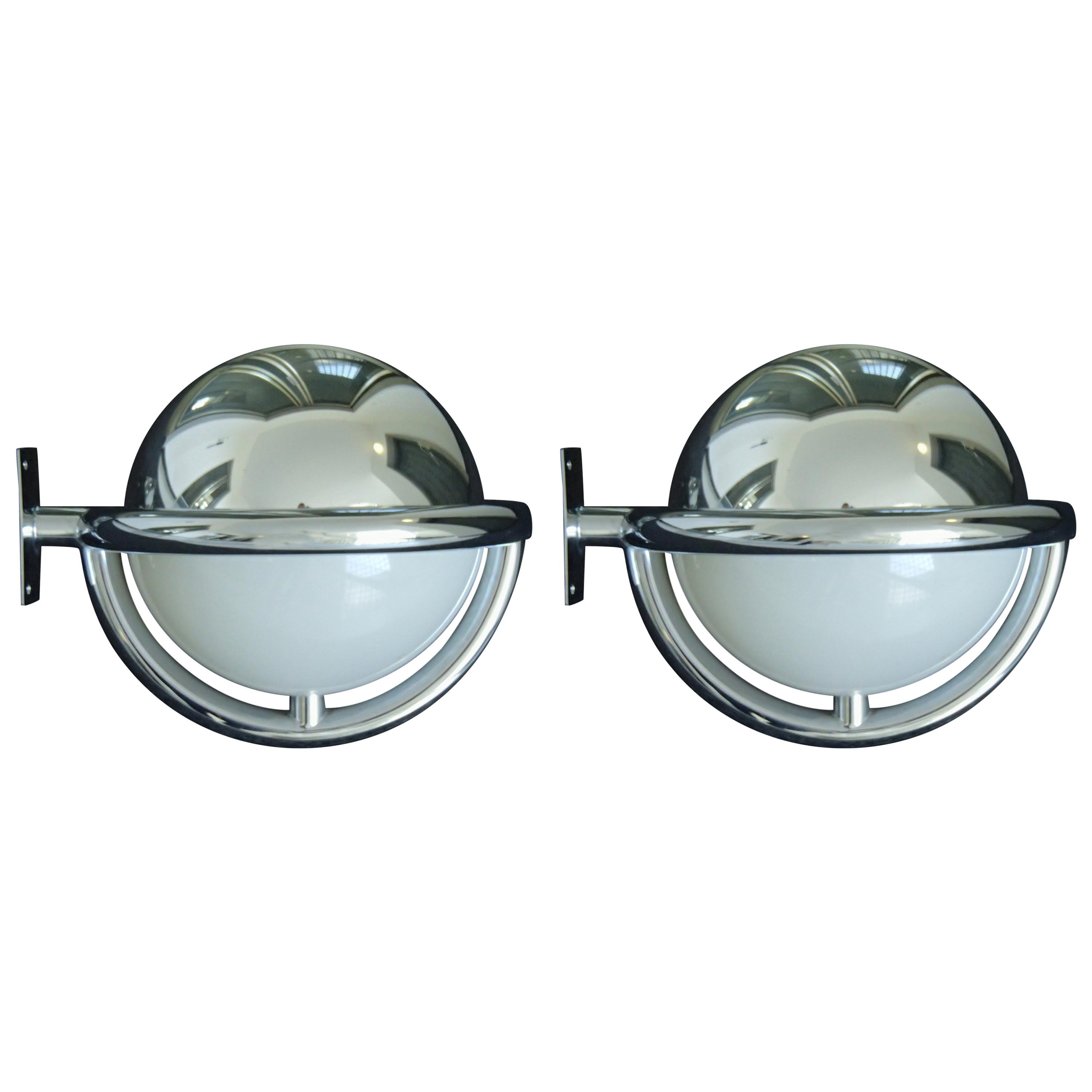 Pair of Art Deco Bauhaus Chrome and Plexiglass Huge Round Wall Lights  Scones For Sale at 1stDibs