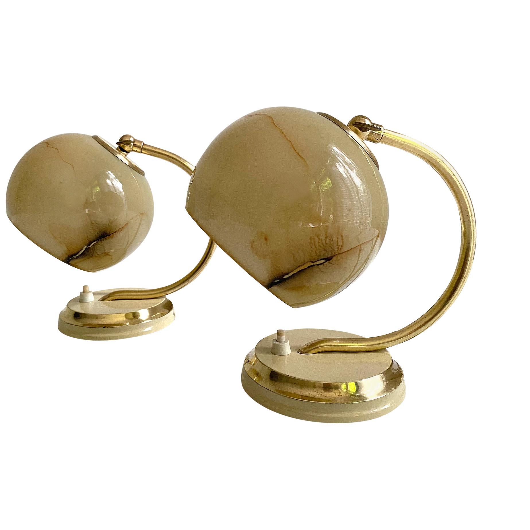 Pair of 1930s Art Deco Bauhaus Table Lamps Lights, Opaline Marble Glass  Brass For Sale