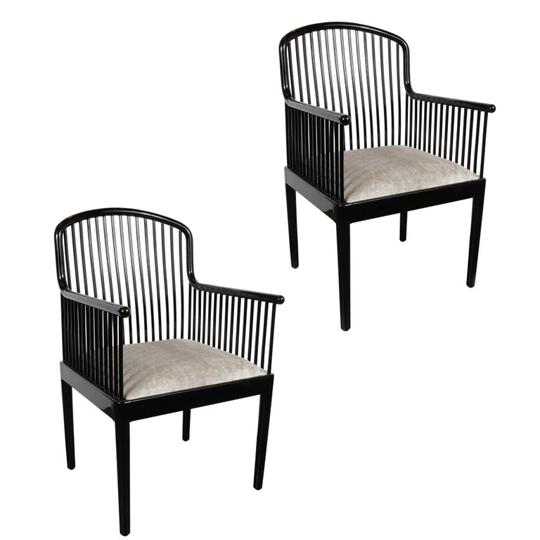 Pair Of Art Deco Style Black Lacquer And Smoked Platinum Velvet