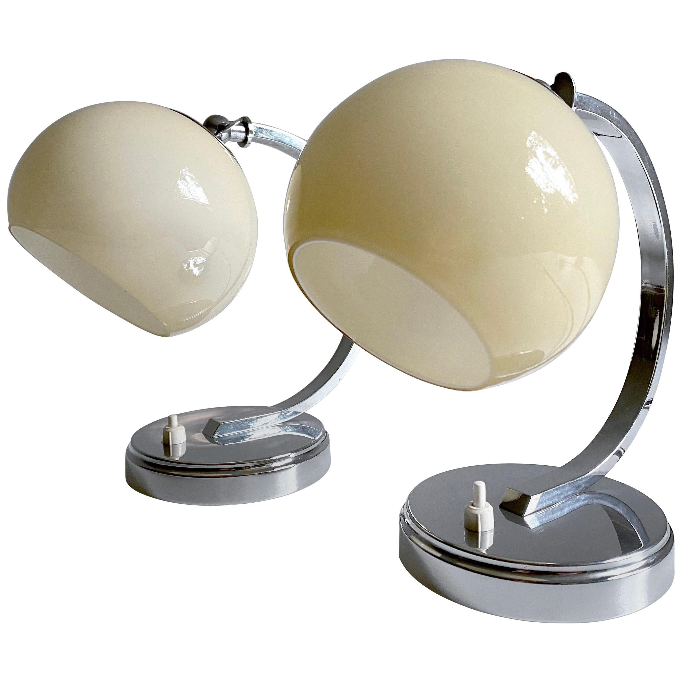 Pair of Art Deco Bauhaus Table Lamps Lights, Chrome Opaline  Glass, 1930s  For Sale