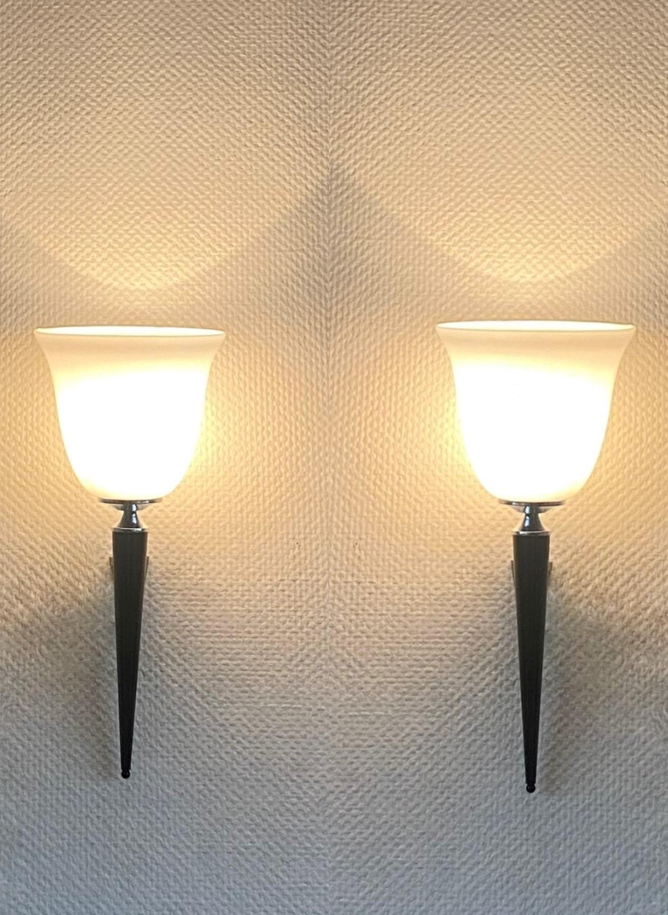 Metal Pair of Art French Deco Torchiere Wall Sconces, 1950s For Sale