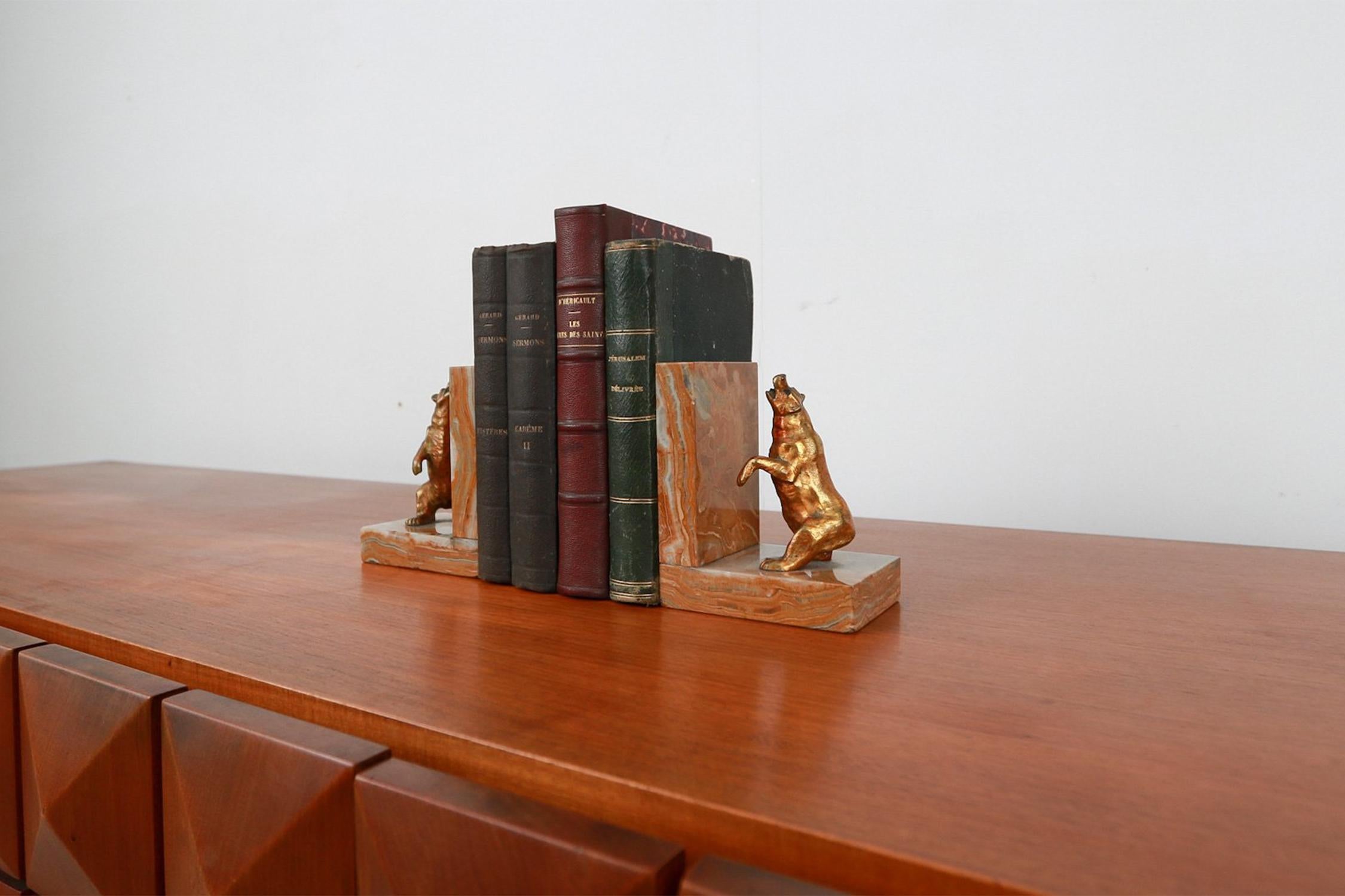 Brass Pair of Art Deco bear bookends in marble and brass, France 1930s For Sale