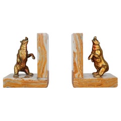 Pair of Art Deco bear bookends in marble and brass, France 1930s