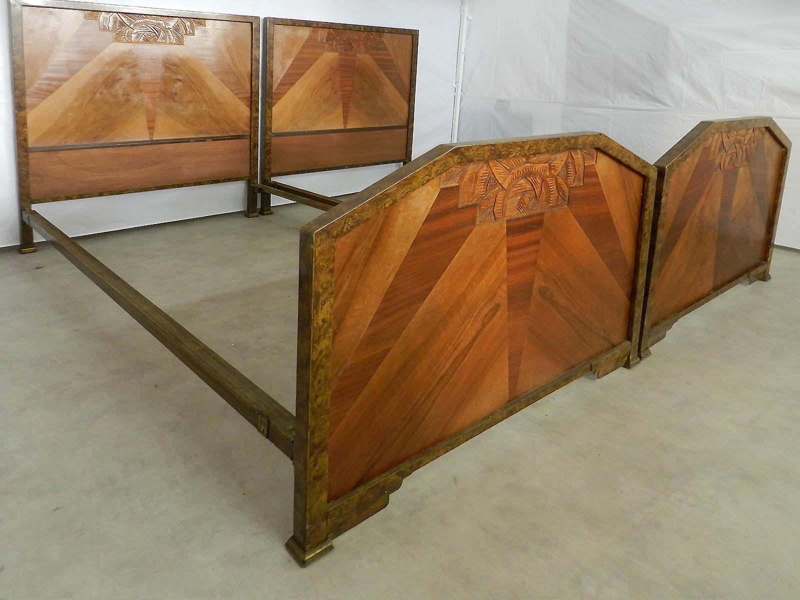 Pair of Art Deco twin beds Marquetry Sunray
(apologies for photos due to light reflecting on the polish...!)
All original
Faux painted wood metal frames with panels in various woods with carved flowers
These will take standard twin mattresses