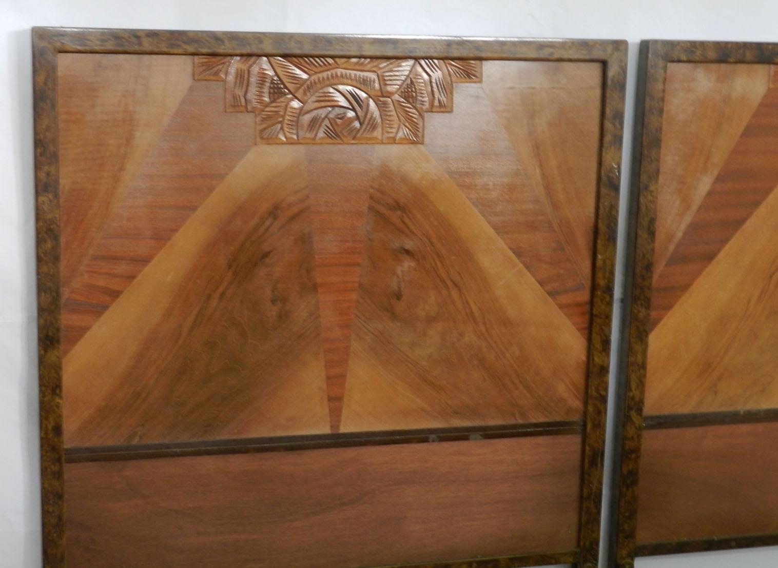 British Pair of Art Deco Beds Twin Singles Marquetry Sunray, circa 1930