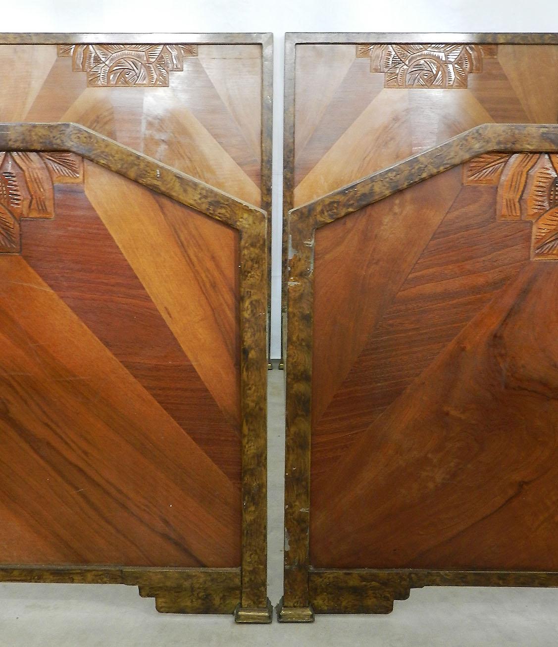20th Century Pair of Art Deco Beds Twin Singles Marquetry Sunray, circa 1930