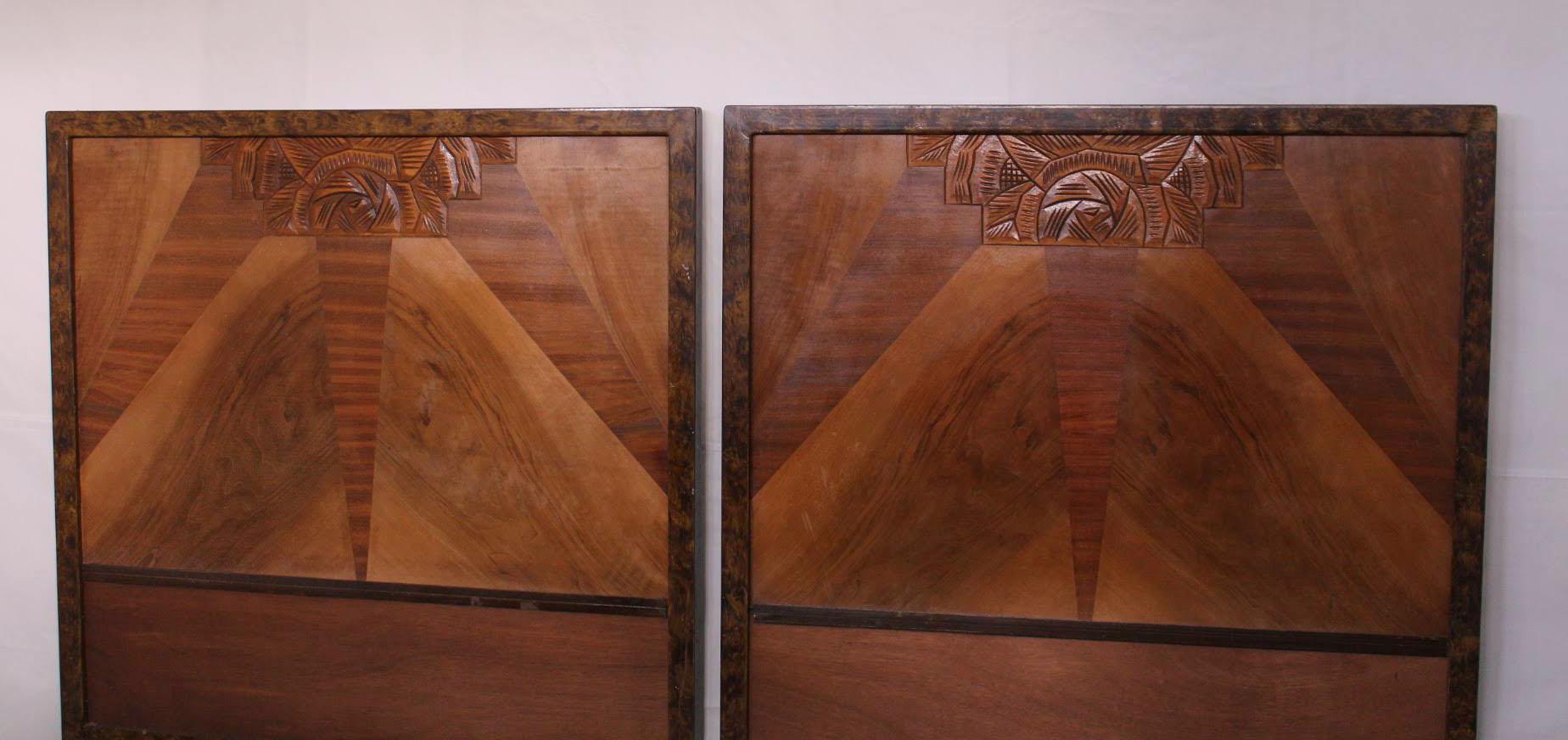 Pair of Art Deco Beds Twin Singles Marquetry Sunray, circa 1930 1