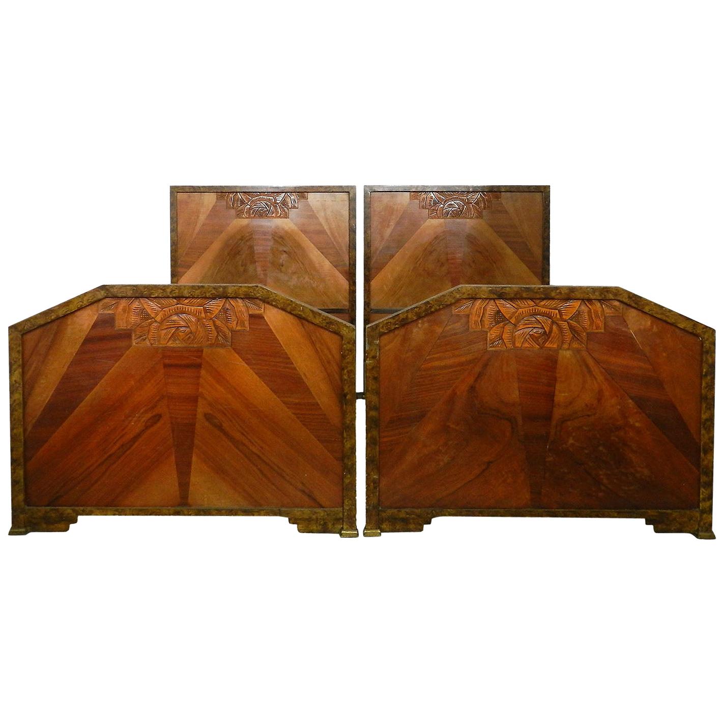 Pair of Art Deco Beds Twin Singles Marquetry Sunray, circa 1930
