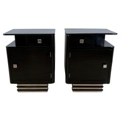 Pair of Art Deco Bedside Cabinets, Black Lacquer, Chrome, France circa 1930