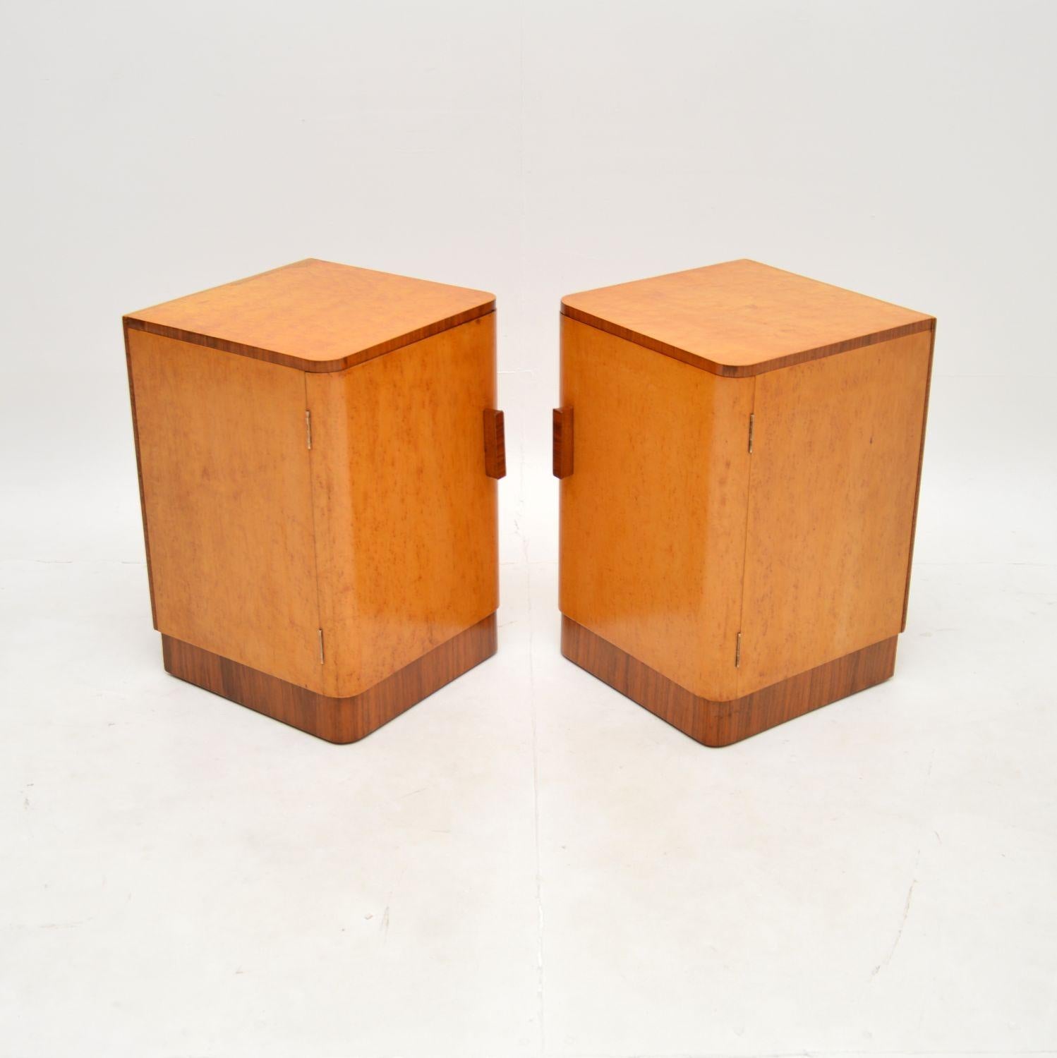 British Pair of Art Deco Bedside Cabinets in Birds Eye Maple and Walnut For Sale