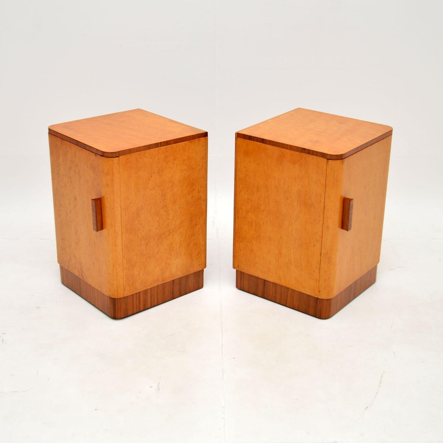 British Pair of Art Deco Bedside Cabinets in Birds Eye Maple and Walnut