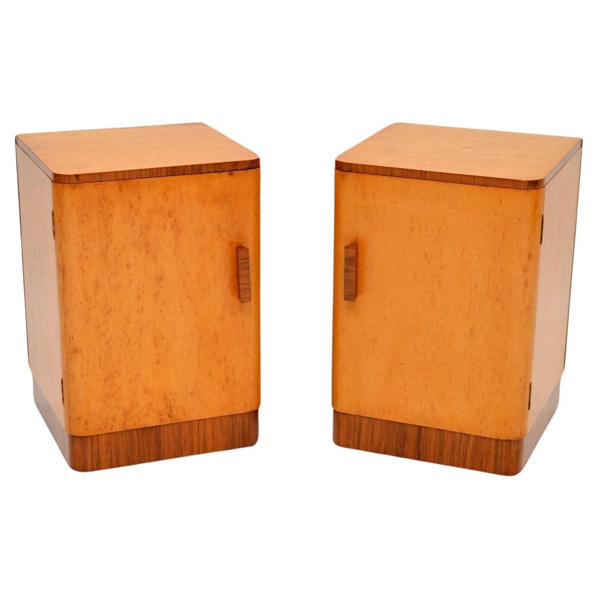 Pair of Art Deco Bedside Cabinets in Birds Eye Maple and Walnut