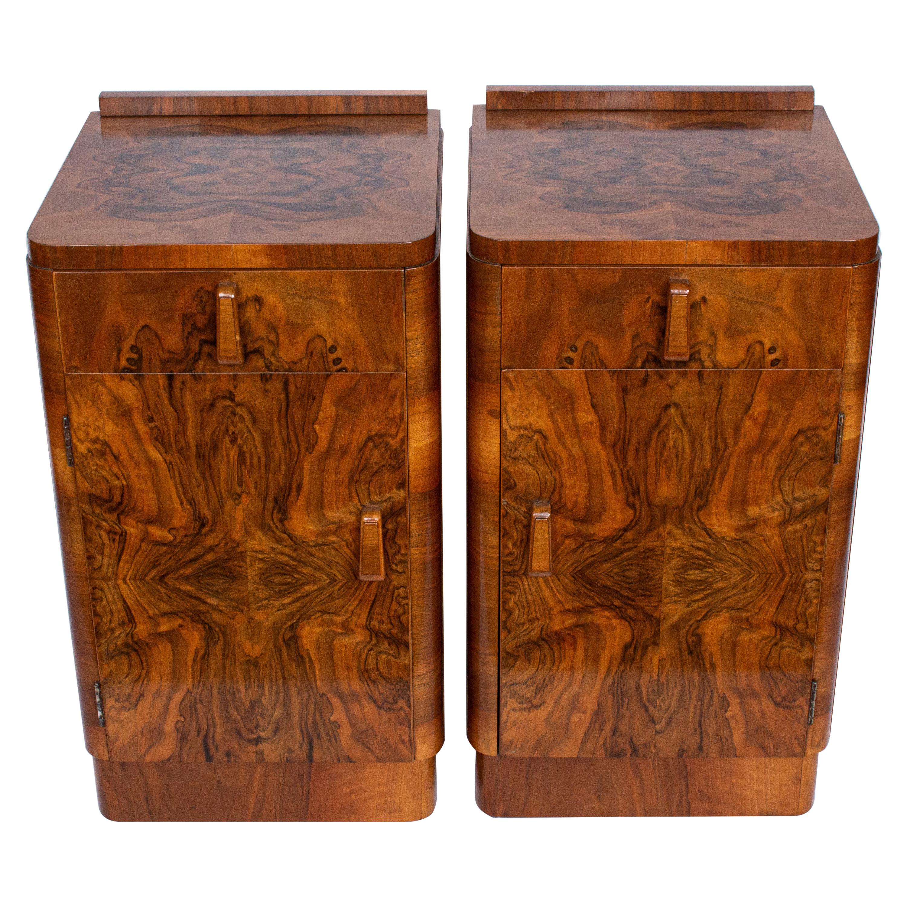 Pair of Art Deco Bedside Cabinets in Figured and Burr Walnut, Original Handles