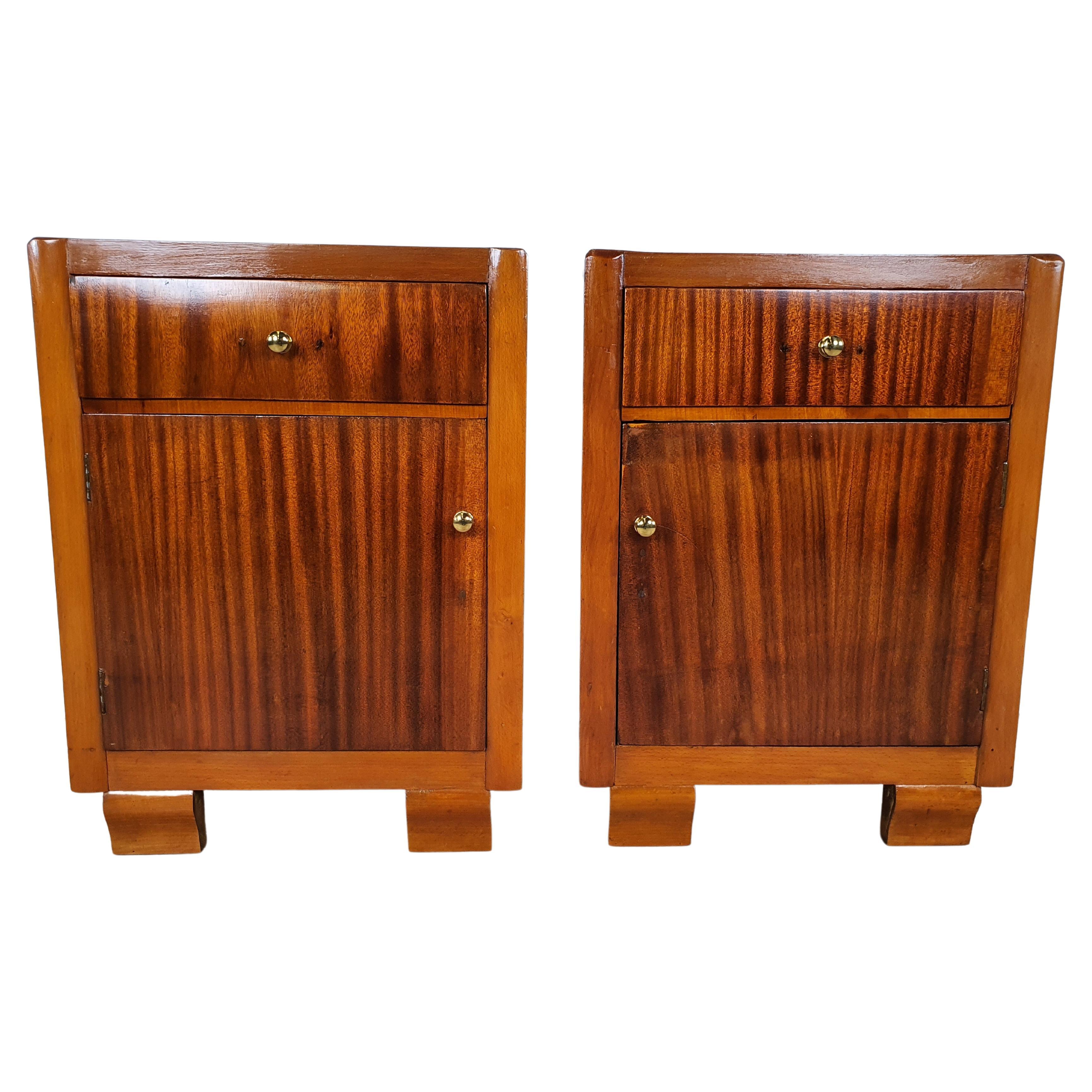 Restored Art Deco Stacked Rattan Bedside Table with Mahogany Top, Pair