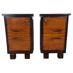 Pair of Art Decò Bedside Tables in Walnut and Mahogany