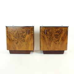 Pair Of Art Deco Bedside Tables With Faux Wood Graining & Glass, Czechoslovakia