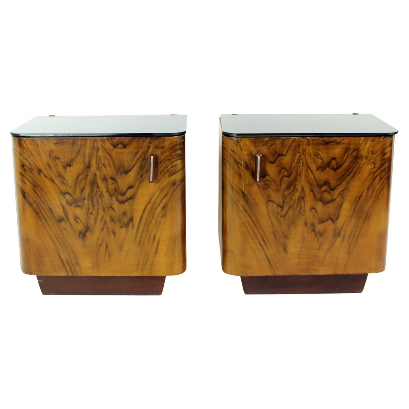 Pair Of Art Deco Bedside Tables With Faux Wood Graining & Glass, Czechoslovakia