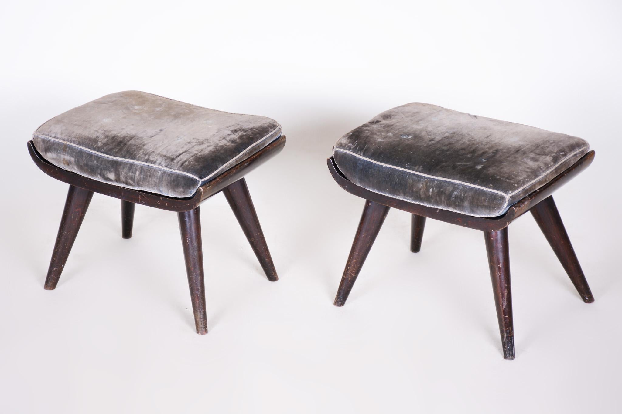 Fabric Pair of Art Deco Beech Stools, Original Preserved Condition, Czech, 1920s For Sale