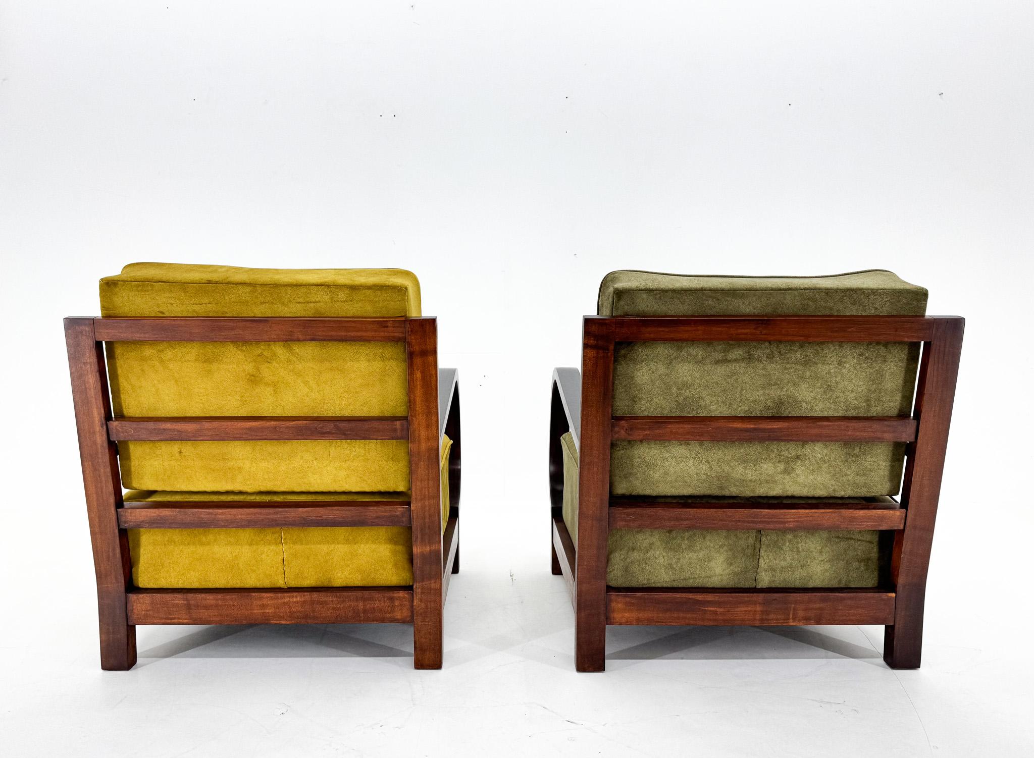 Fabric Pair of Art Deco Beech Wood Armchairs, 1930's, Newly Upholstered For Sale