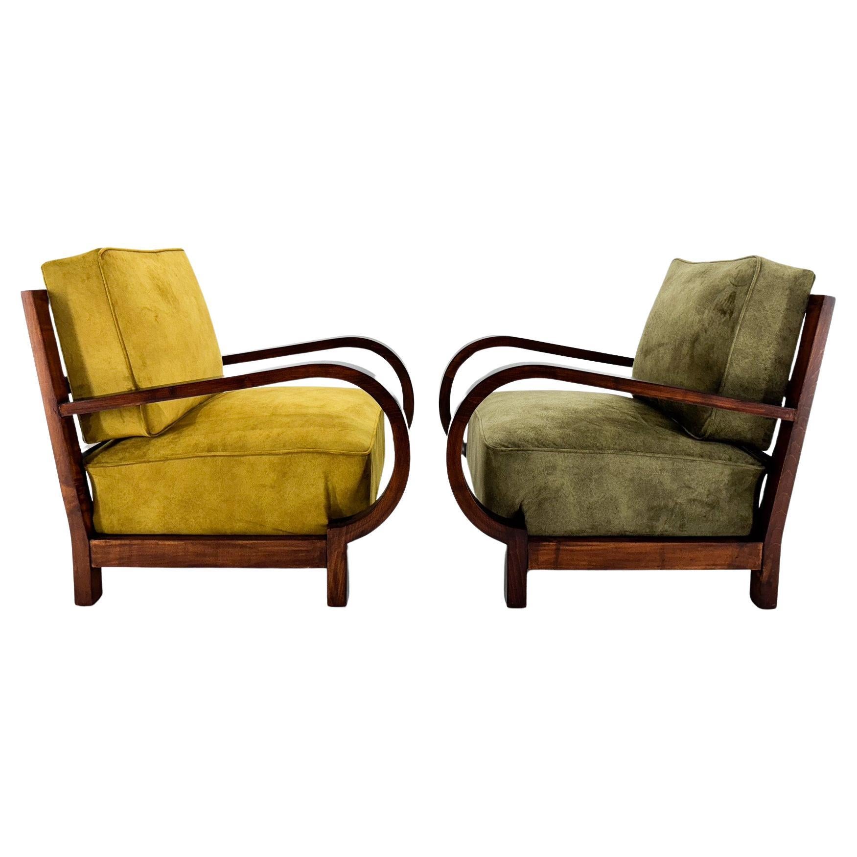Pair of Art Deco Beech Wood Armchairs, 1930's, Newly Upholstered For Sale