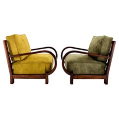 Vintage Pair of Art Deco Beech Wood Armchairs, 1930's, Newly Upholstered