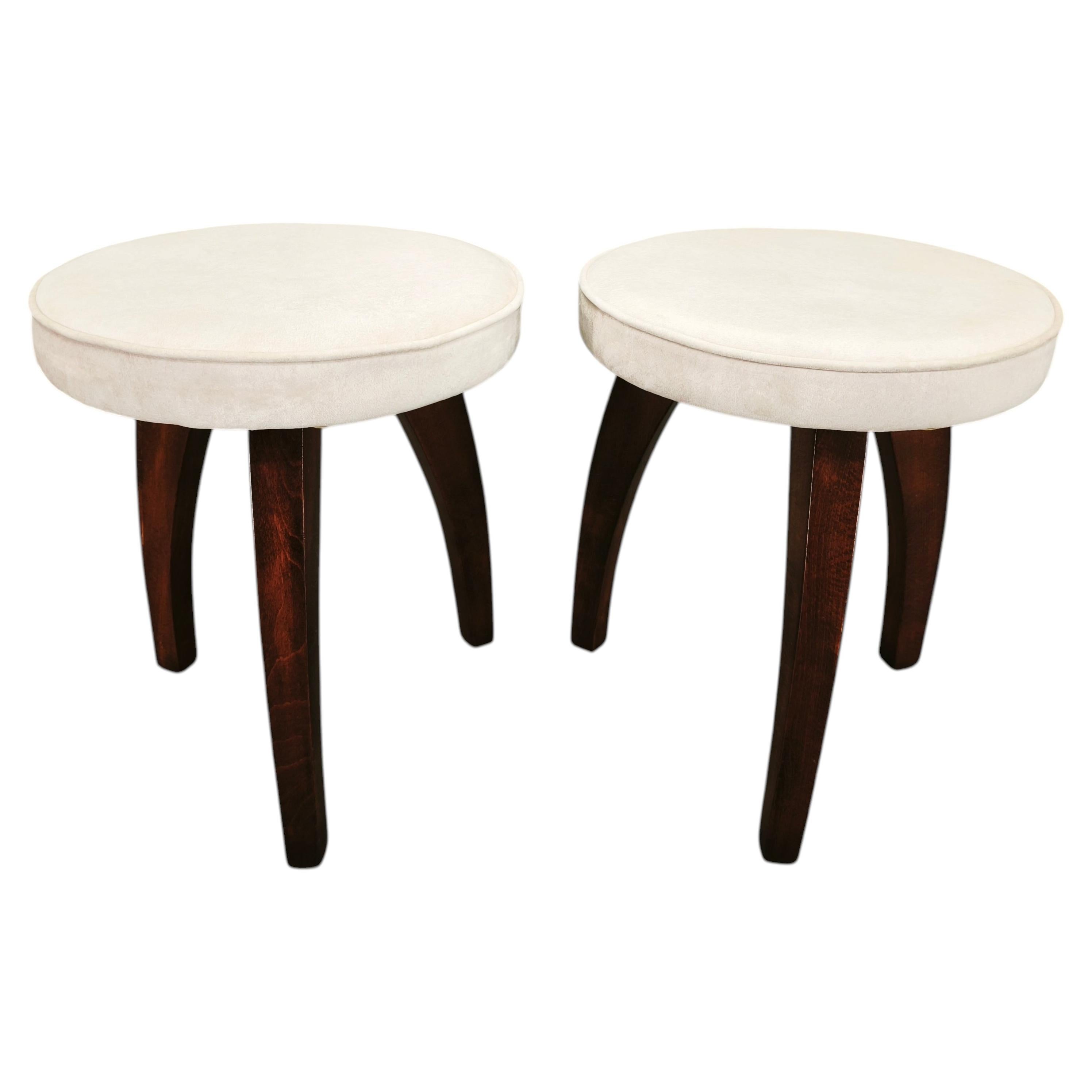 Pair of Art Deco Beech Wood Stools, 1940s, Newly Upholstered