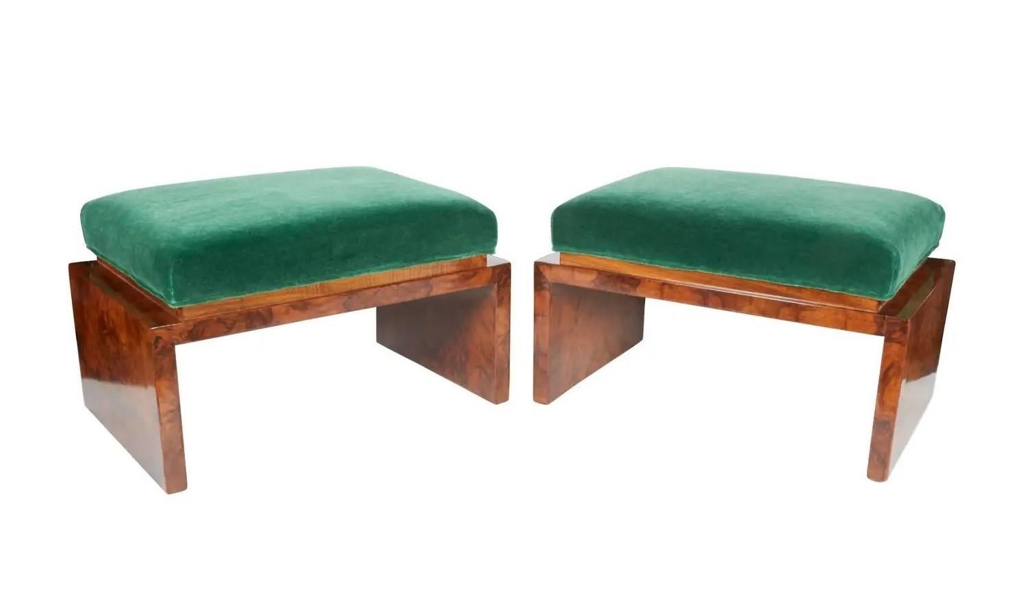 Eye-catching angles speak to the architectural inspiration behind these Art Deco benches, circa 1920's. Restored to mint condition, high quality workmanship. Each bench features a rectilinear streamline base design with well attenuated and elegant