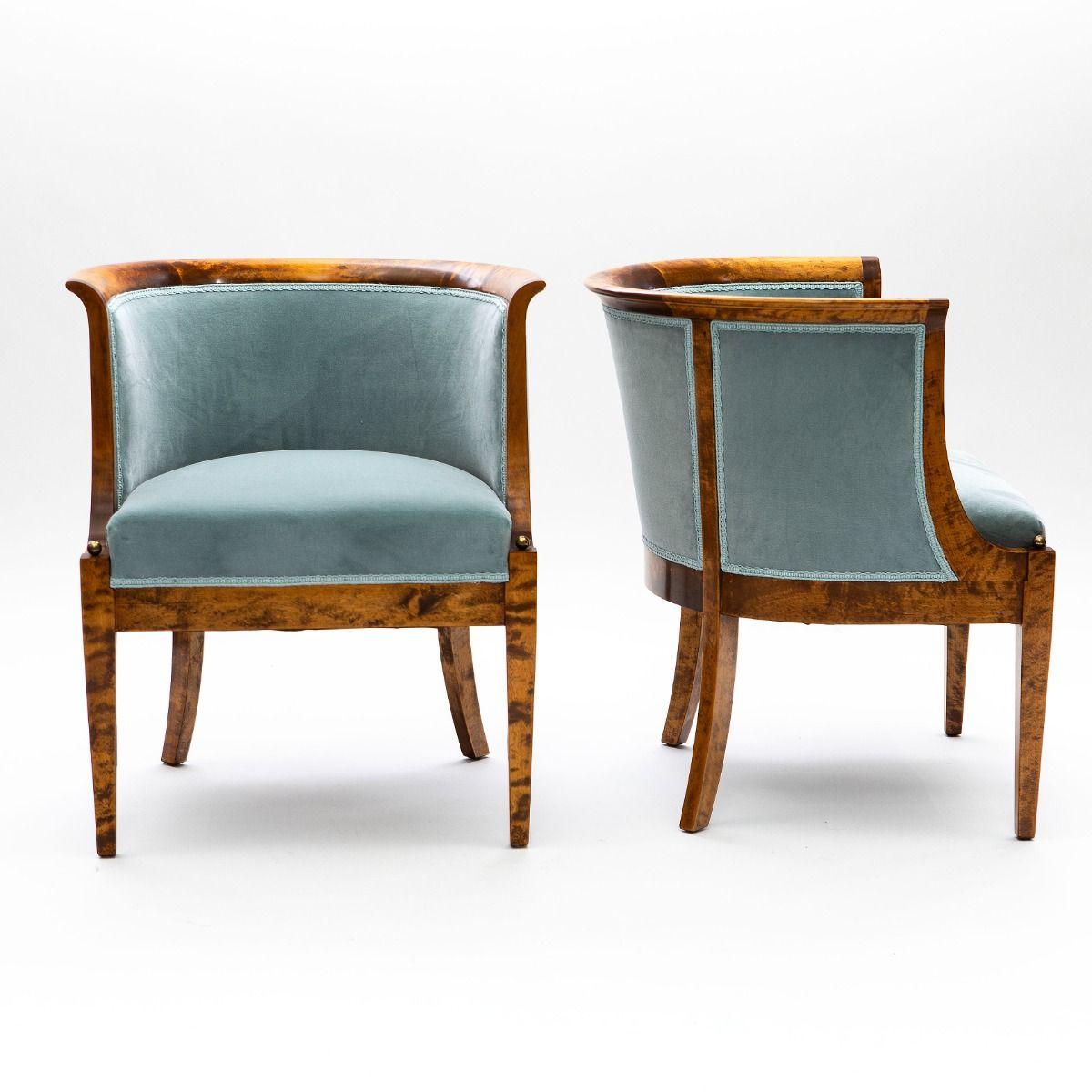 Danish Pair of Art Deco Bergère Armchairs in Flamed Birch with Petrol Velvet Upholstery
