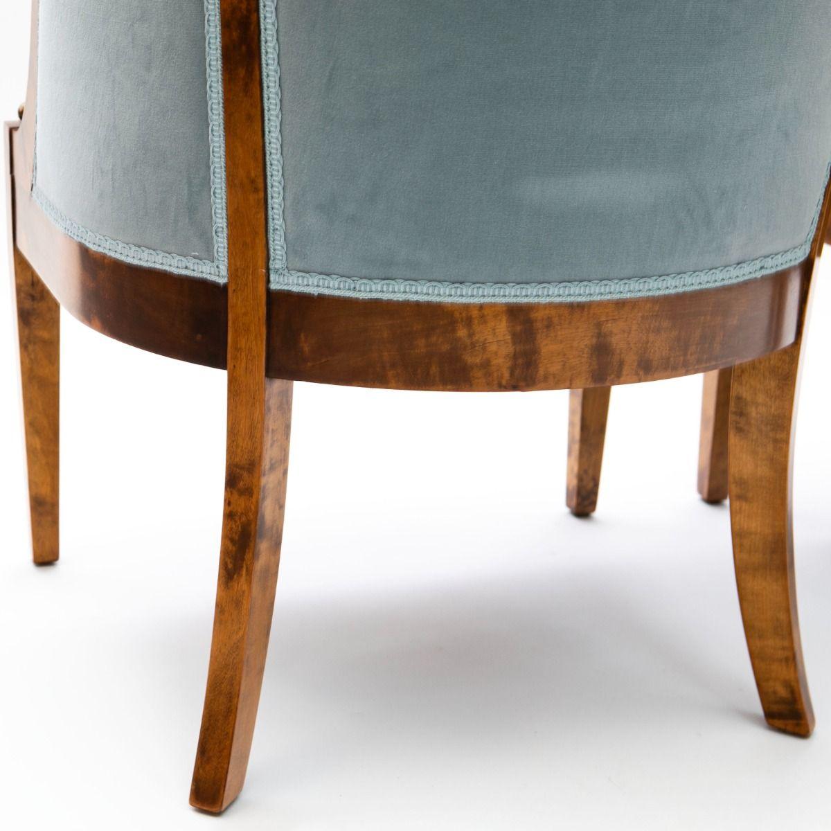 Polished Pair of Art Deco Bergère Armchairs in Flamed Birch with Petrol Velvet Upholstery