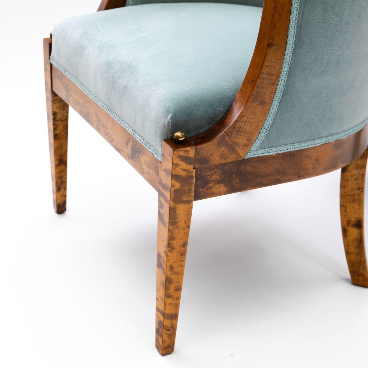20th Century Pair of Art Deco Bergère Armchairs in Flamed Birch with Petrol Velvet Upholstery