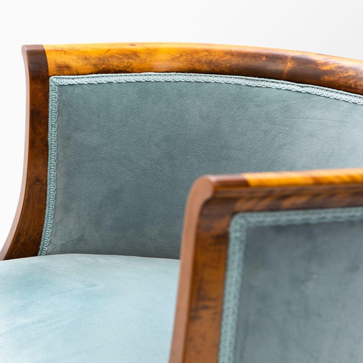 Pair of Art Deco Bergère Armchairs in Flamed Birch with Petrol Velvet Upholstery 1