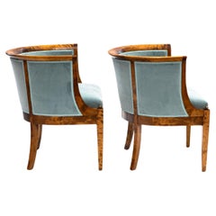 Pair of Art Deco Bergère Armchairs in Flamed Birch with Petrol Velvet Upholstery