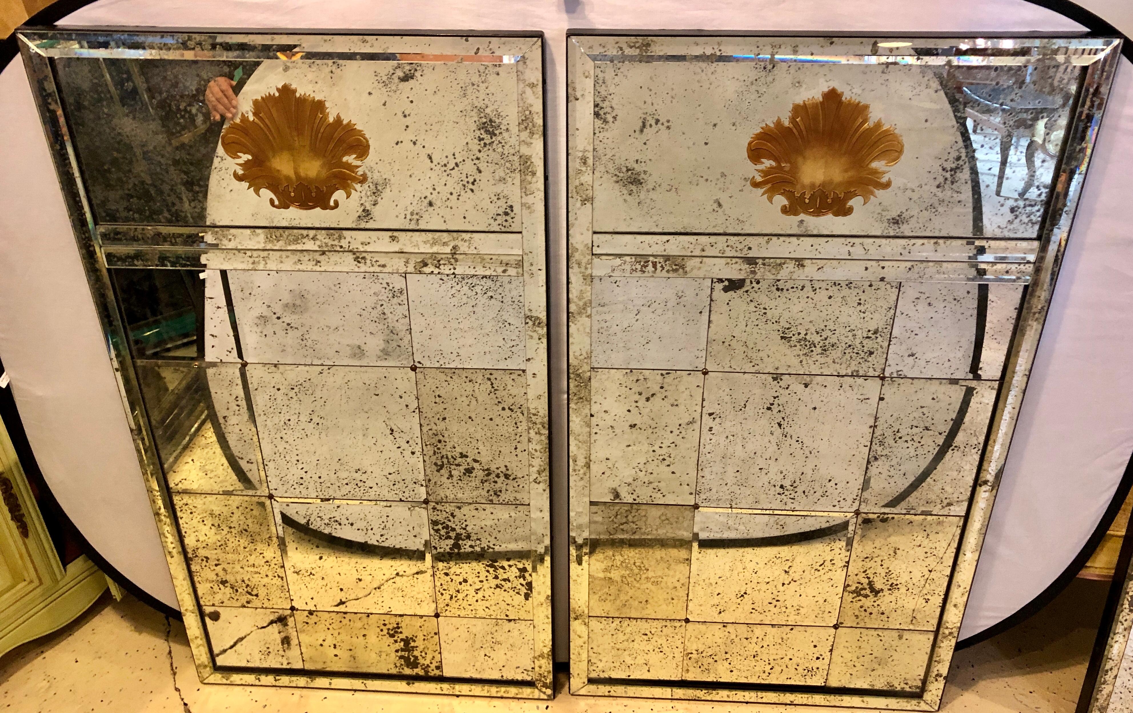 Pair of Art Deco Beveled Console or Wall Mirrors with Engraved Gilt Shell Motif In Good Condition In Manhasset, NY